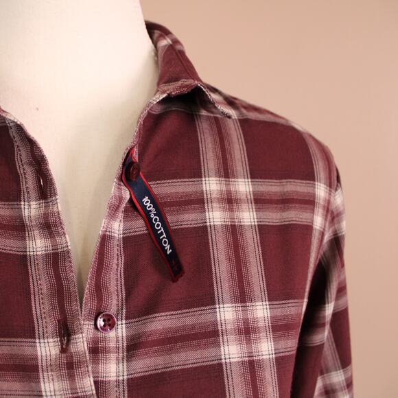 Women's Burgundy & White Plaid Shirt Dress/Tunic Lightweight Button Up SZ M - Picture 2 of 8